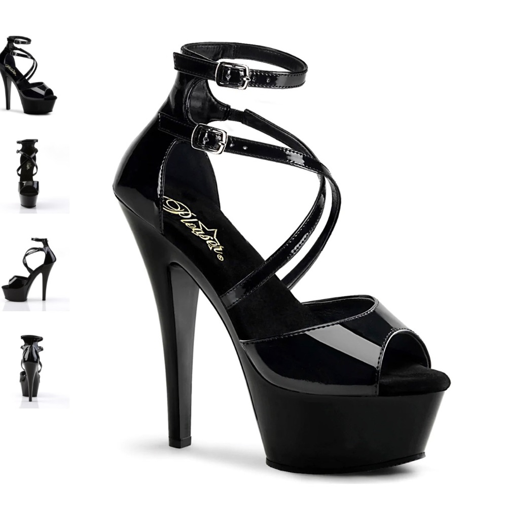 Pleaser KISS-254 Black Platform Ankle Strap, Peep Toe Strappy Sandal 6" Heel